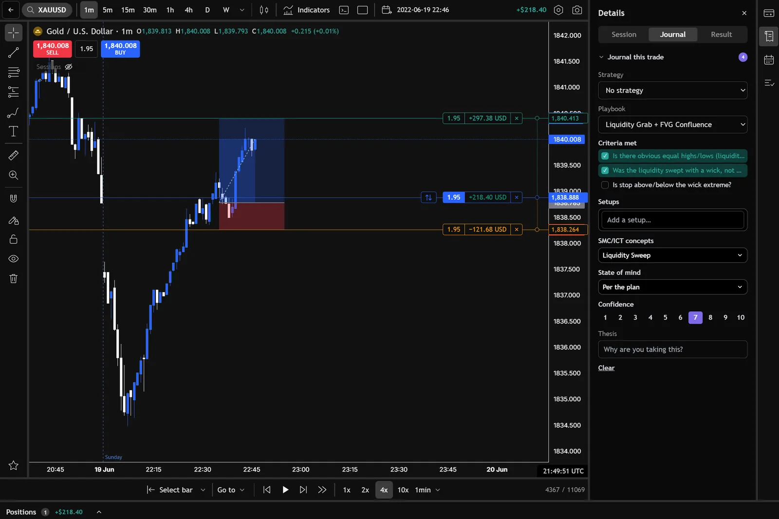 ثبت دلیل ورود هنگام معامله در بک تست: پلی‌بوک، شرط‌های برقرار، مفهوم Liquidity Sweep، حالت روانی طبق پلن و اعتمادبه‌نفس 7 از 10