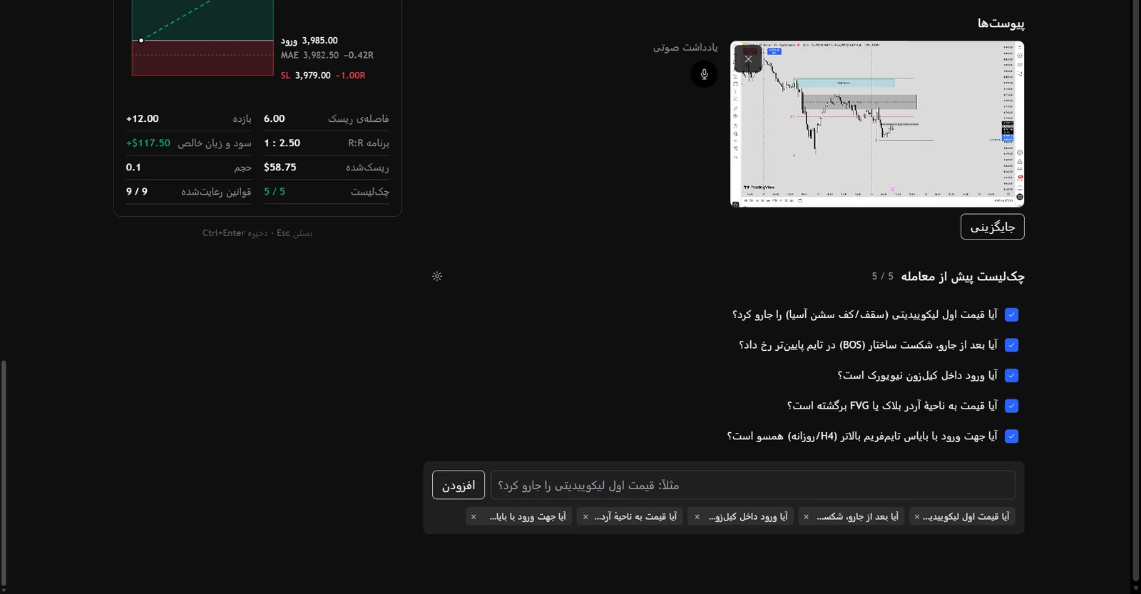 چک‌لیست پیش از معامله در ژورنال: پنج شرط ورود تیک‌خورده و تصویر چارت پیوست‌شده