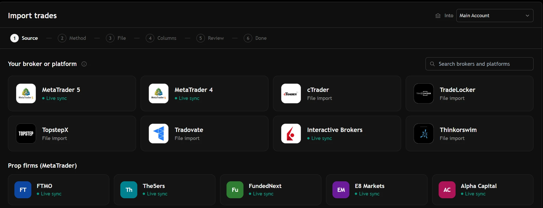 Import: MetaTrader 5, MetaTrader 4, Interactive Brokers and other platforms as tiles, prop firms below, and a file drop