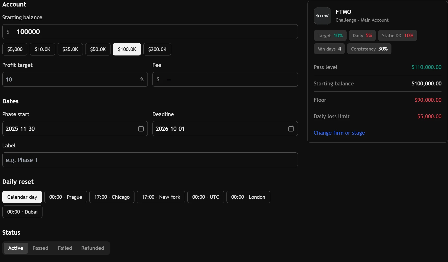 The Prop Firm page with firm presets and your own limits: left today, drawdown room and risk per trade